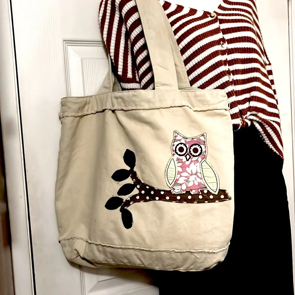 Vintage Mudd Patchwork Owl Tree Appliqué Two Handle Book Laptop Market Tote Bag